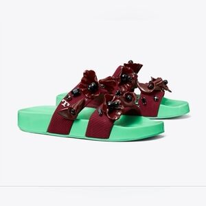 Tory Burch Embellished Pool Slides In Rhubarb Spring Green NIB Womens US 7